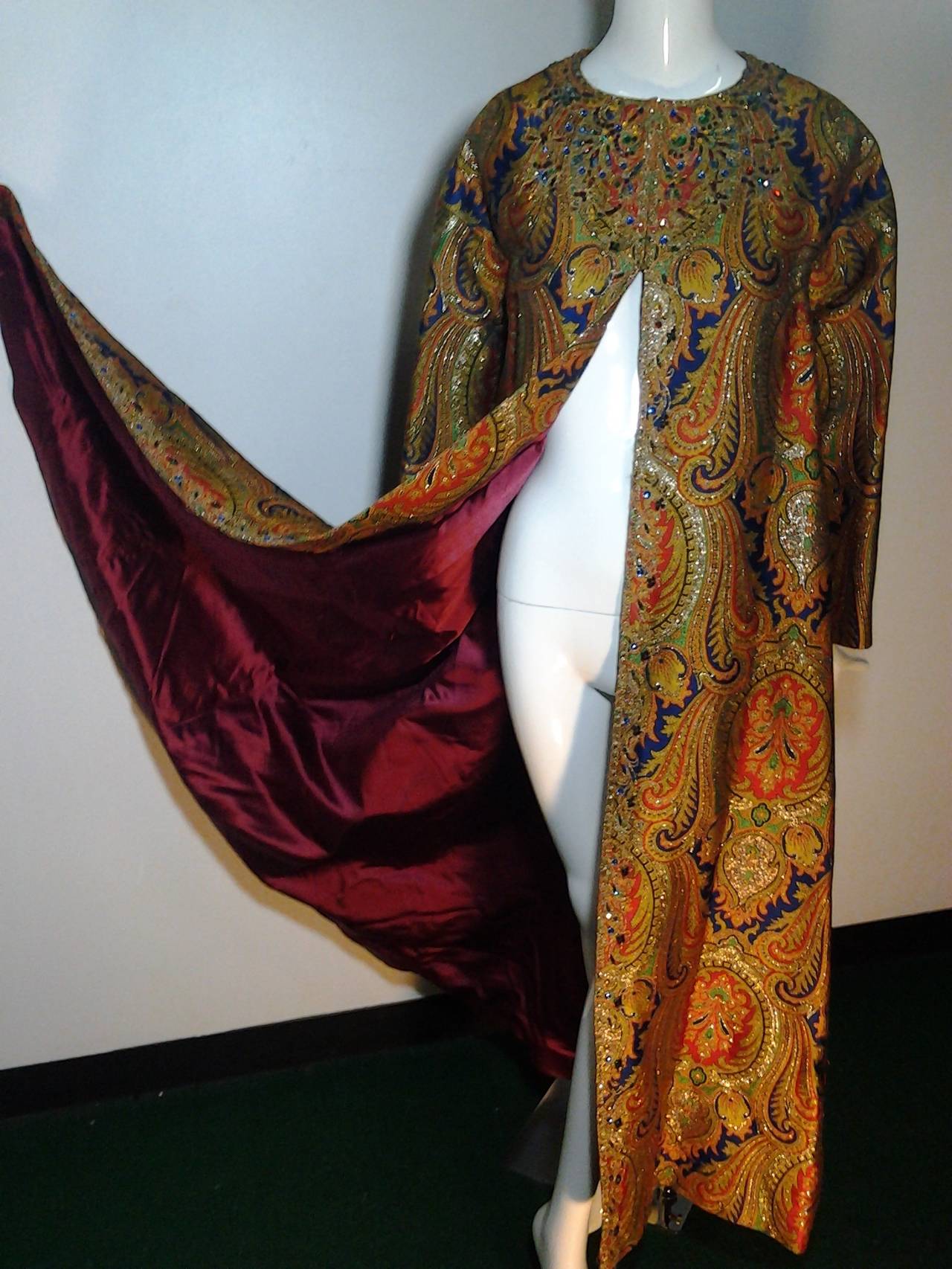 Brown 1960s Nina Ricci Haute Couture Silk Paisley Brocade Opera Coat