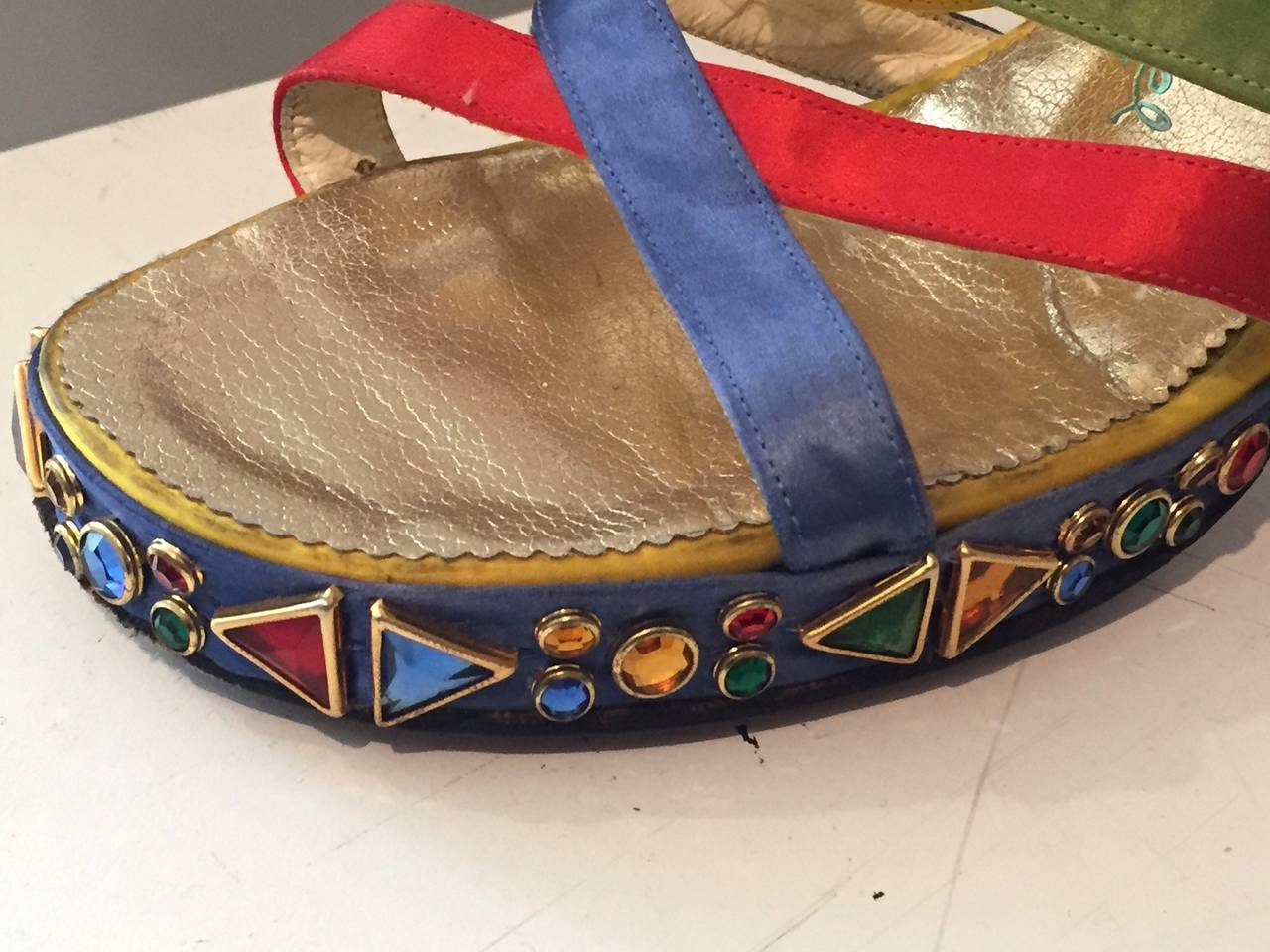 A fabulous, colorful 1960s silk satin strappy evening sandal: Blue, red, yellow and chartreuse strap sandals with fabulous jeweled platform.