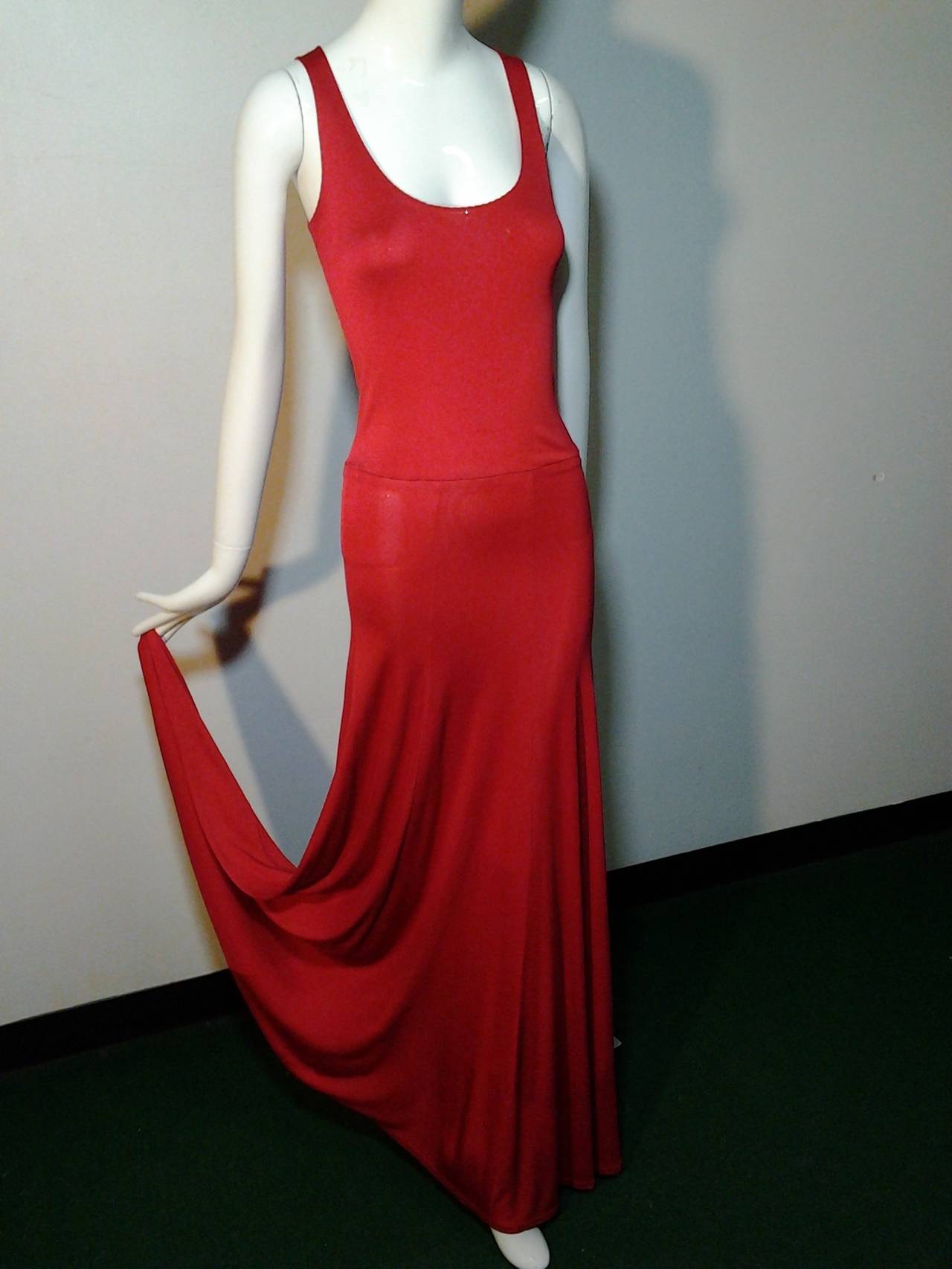 Women's 1970s Stephen Burrows Red Matte Rayon Jersey Tank Cut Disco Dress