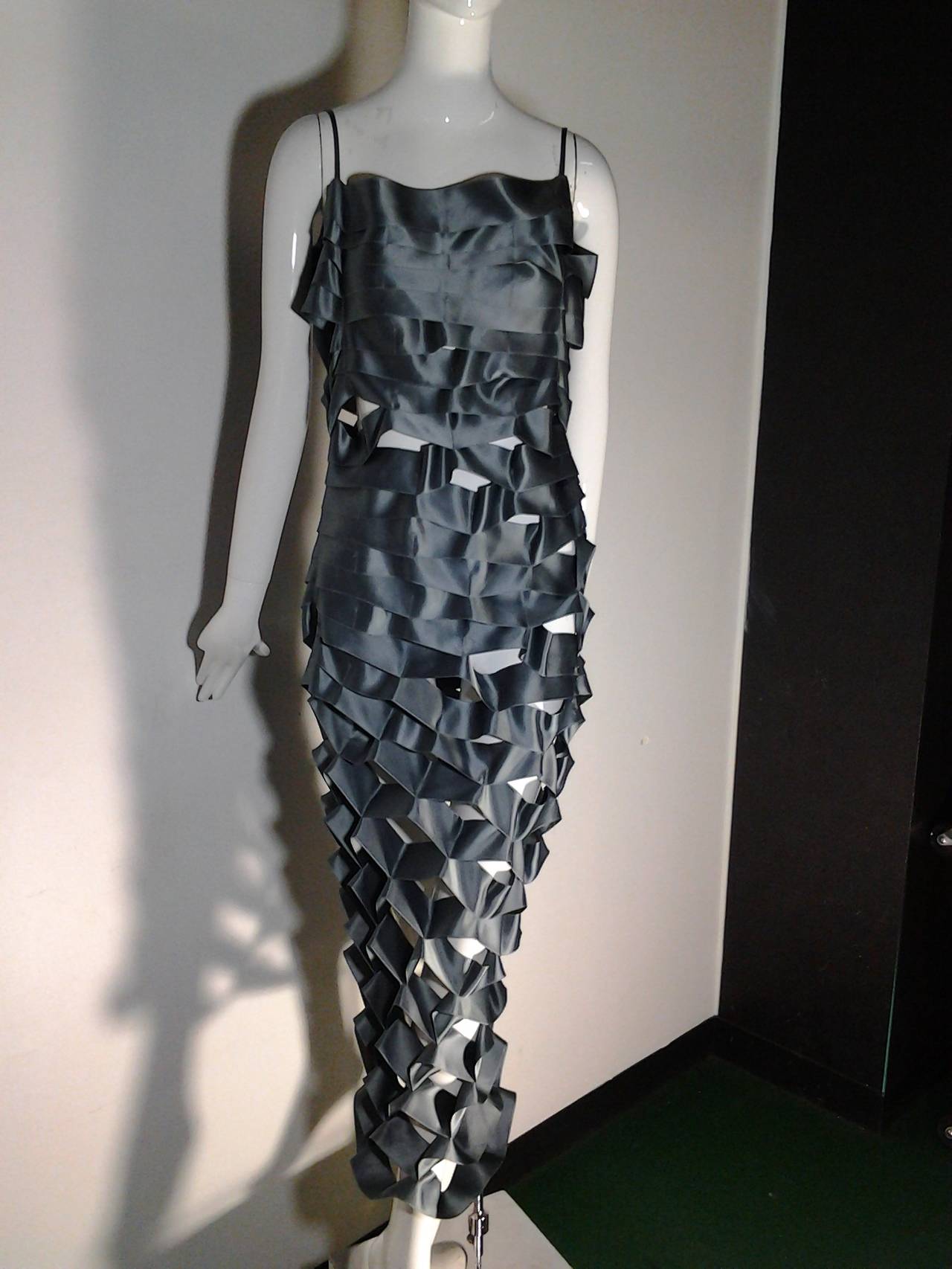 A gorgeous gunmetal silk satin ribbon dress by Helmut Lang.  Spaghetti straps and 