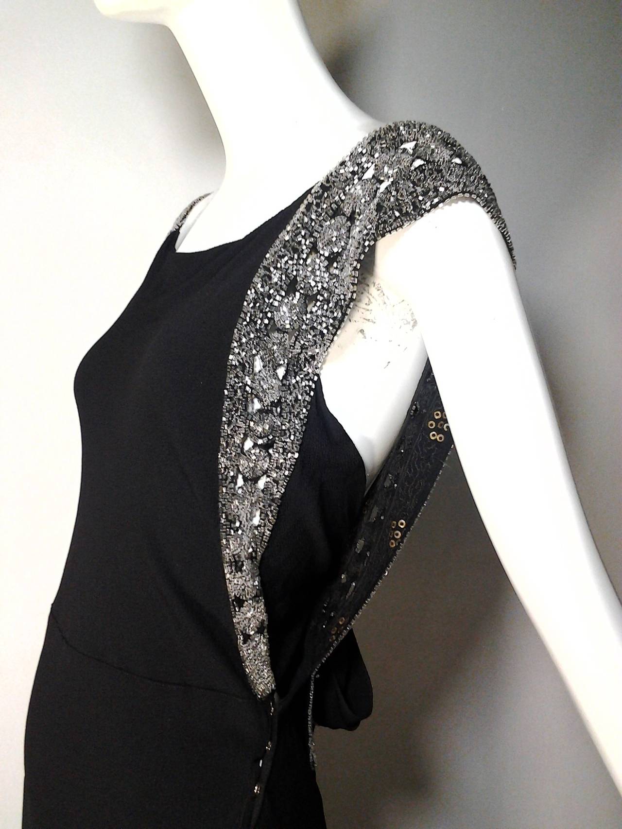 1930s Black French Bias Evening Gown with Heavily Beaded Panels and Train In Excellent Condition In Gresham, OR