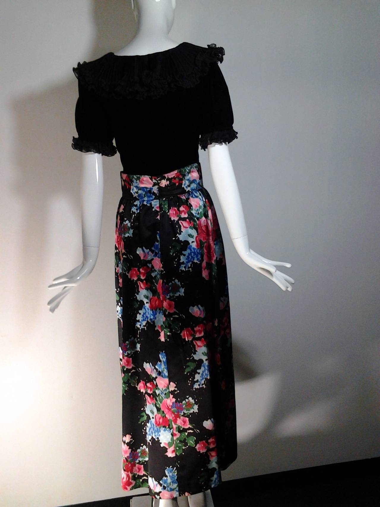 Black 1970s Saint Laurent Evening Ensemble: Silk Floral Satin Skirt and Velvet Blouse