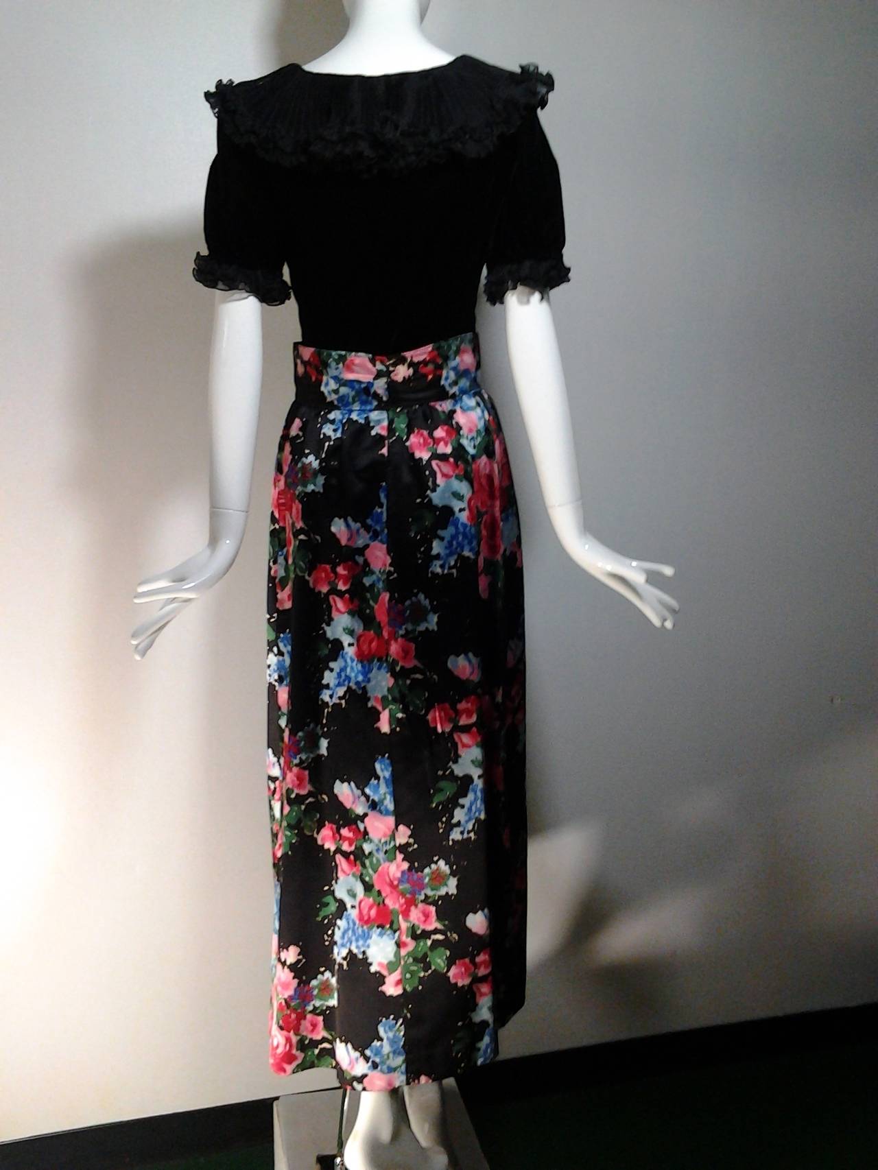 Women's 1970s Saint Laurent Evening Ensemble: Silk Floral Satin Skirt and Velvet Blouse