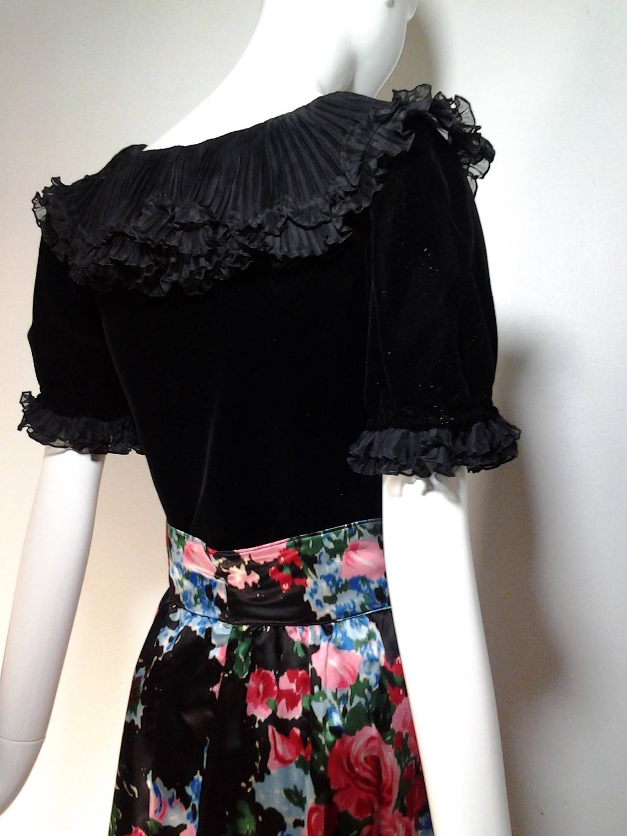 1970s Saint Laurent Evening Ensemble: Silk Floral Satin Skirt and Velvet Blouse 2