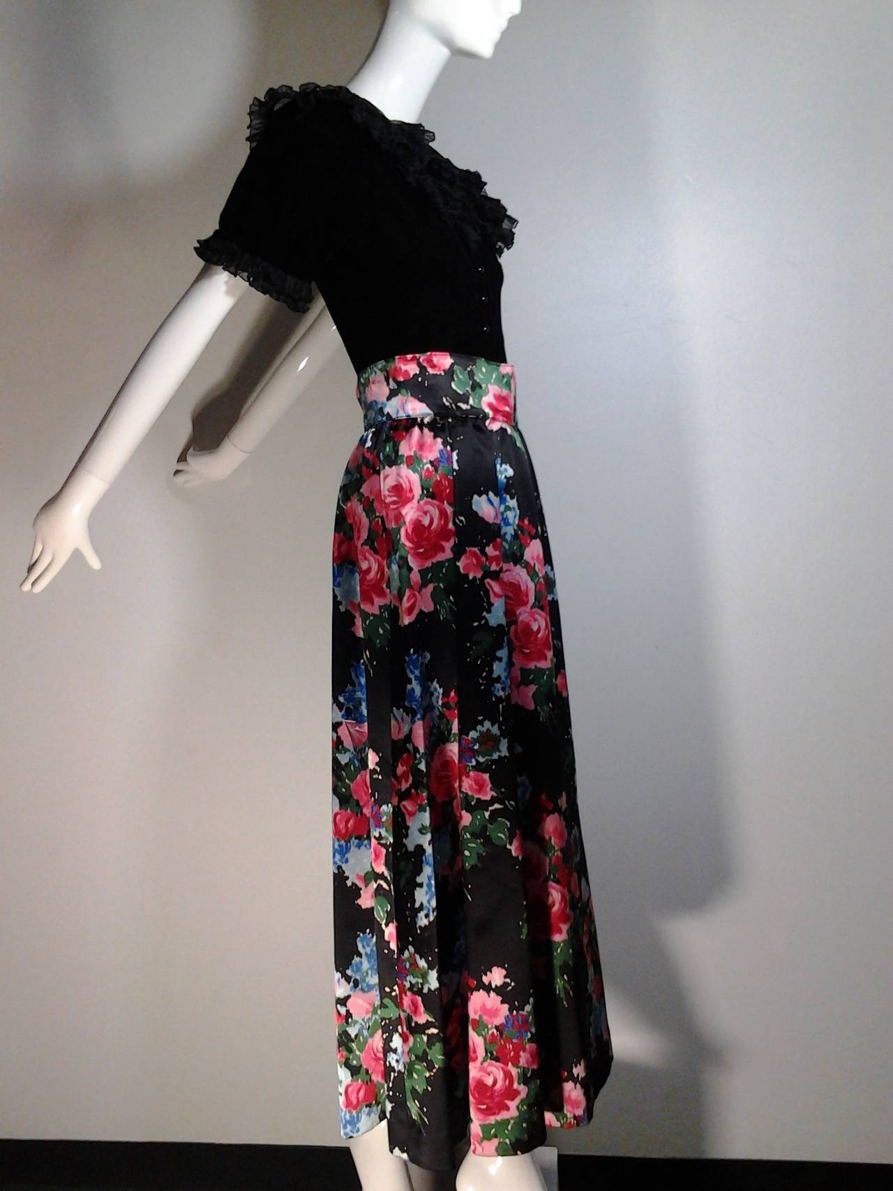 1970s Saint Laurent Evening Ensemble: Silk Floral Satin Skirt and Velvet Blouse In Excellent Condition In Gresham, OR