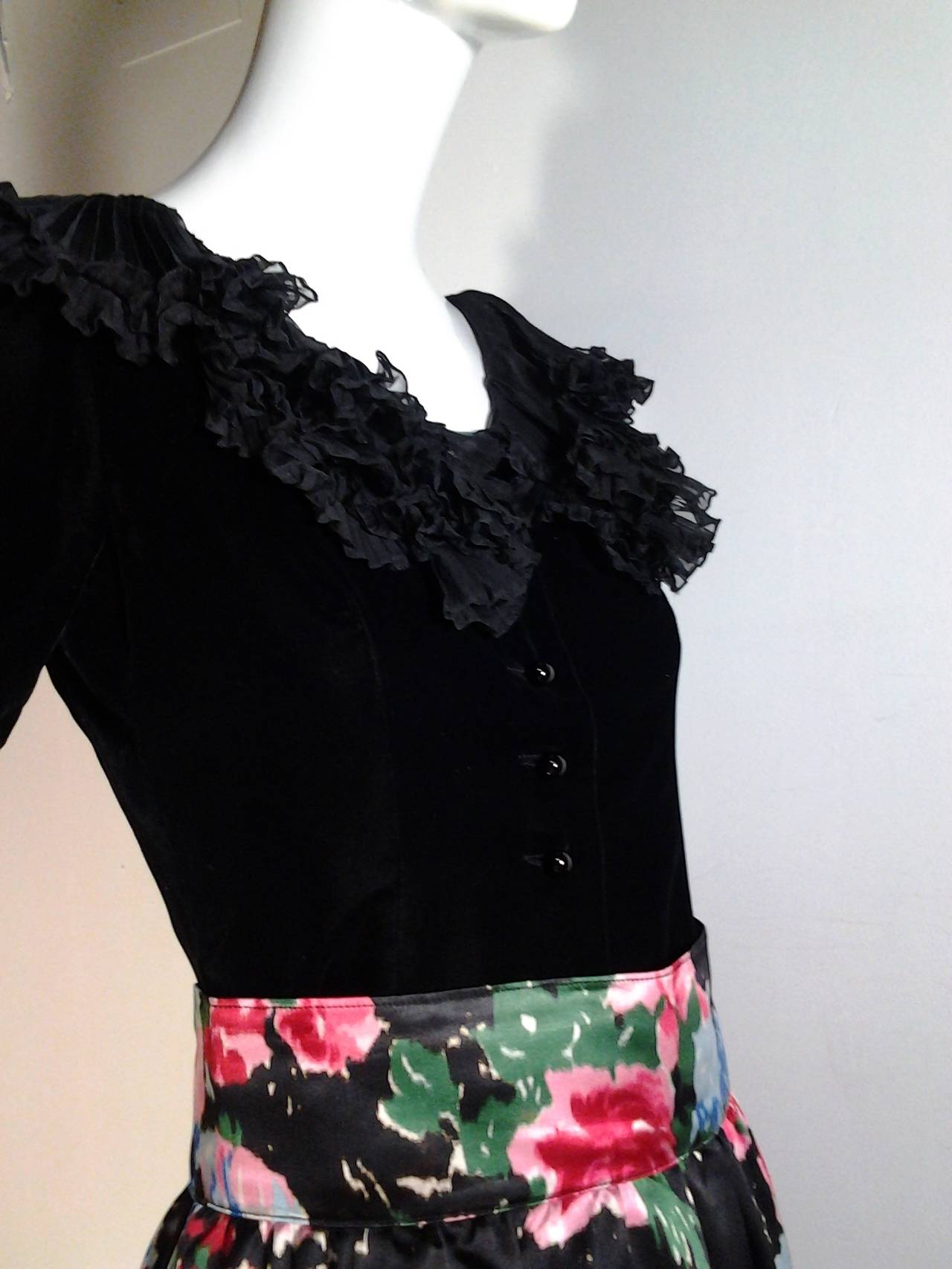 1970s Saint Laurent Evening Ensemble: Silk Floral Satin Skirt and Velvet Blouse 1