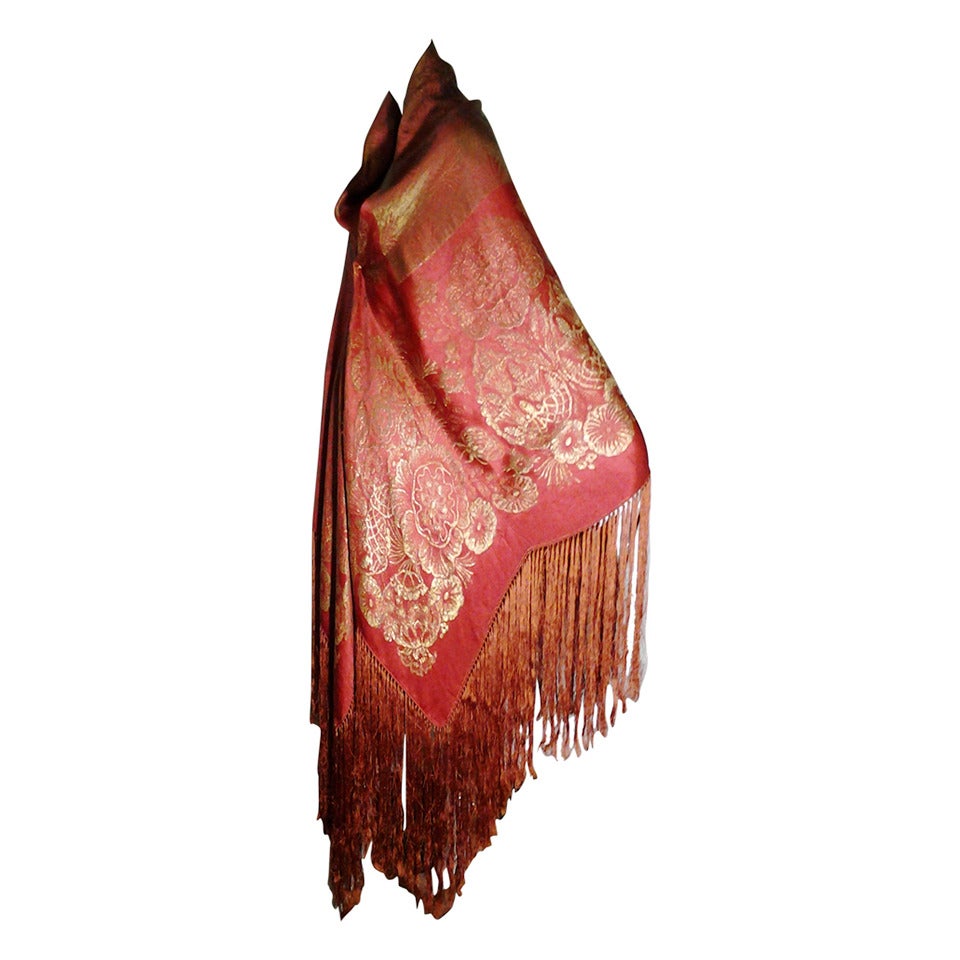 1920s Burnt Umber Silk Satin and Gold Lame Fringed Piano Shawl