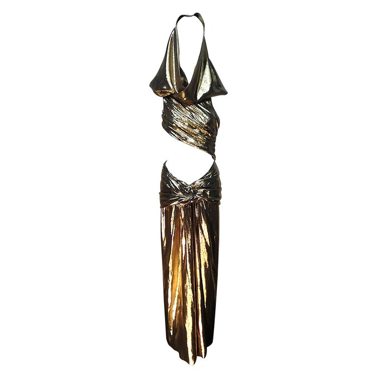 1991 Iconic Yves Saint Laurent Rive Gauche Gold Lamé Hooded Evening Dress  at 1stDibs