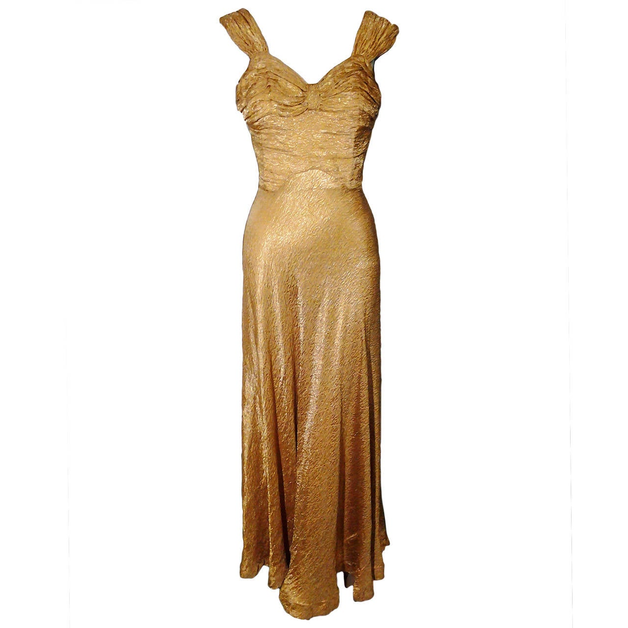 1930s Gold Lame Bias Cut Gown w/ Sexy Lace-Up Back Detail and Full Hem