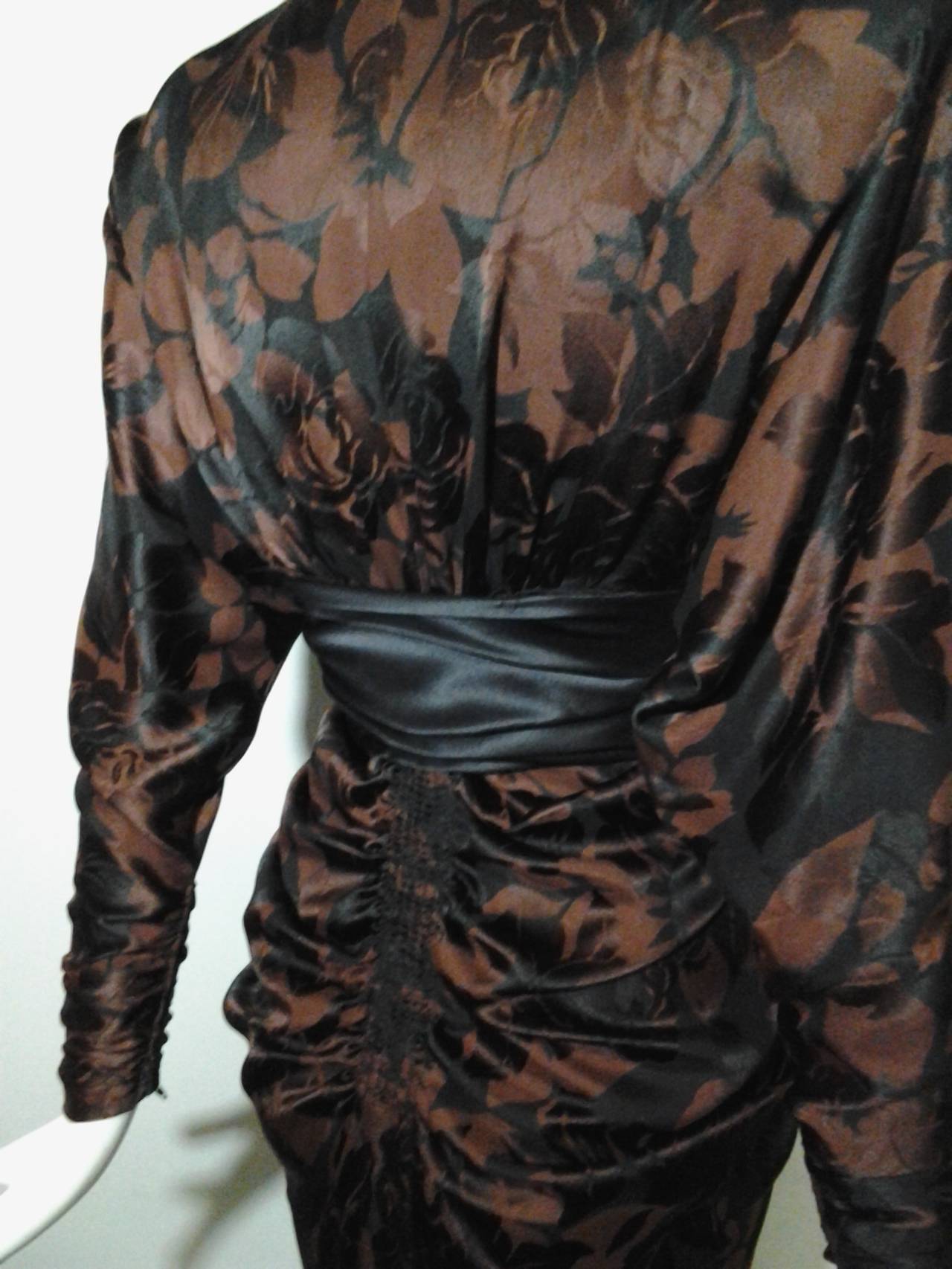 1980s James Galanos Black and Espresso Floral Print Ruched Cocktail Dress 1