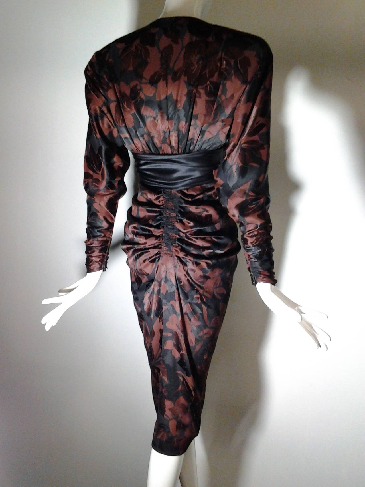 1980s James Galanos Black and Espresso Floral Print Ruched Cocktail Dress In Excellent Condition In Gresham, OR