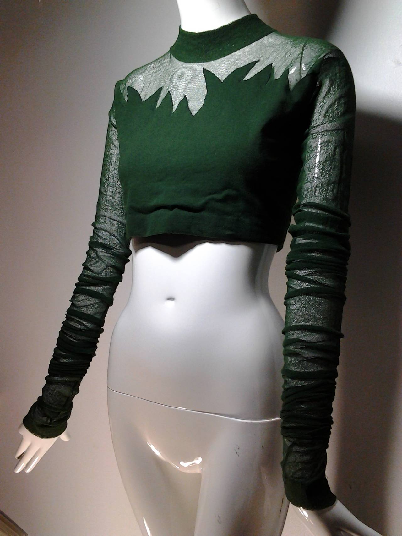 1980s Romeo Gigli Forest Green Knit Cropped Top w/ Tulle Décolletage In Excellent Condition In Gresham, OR