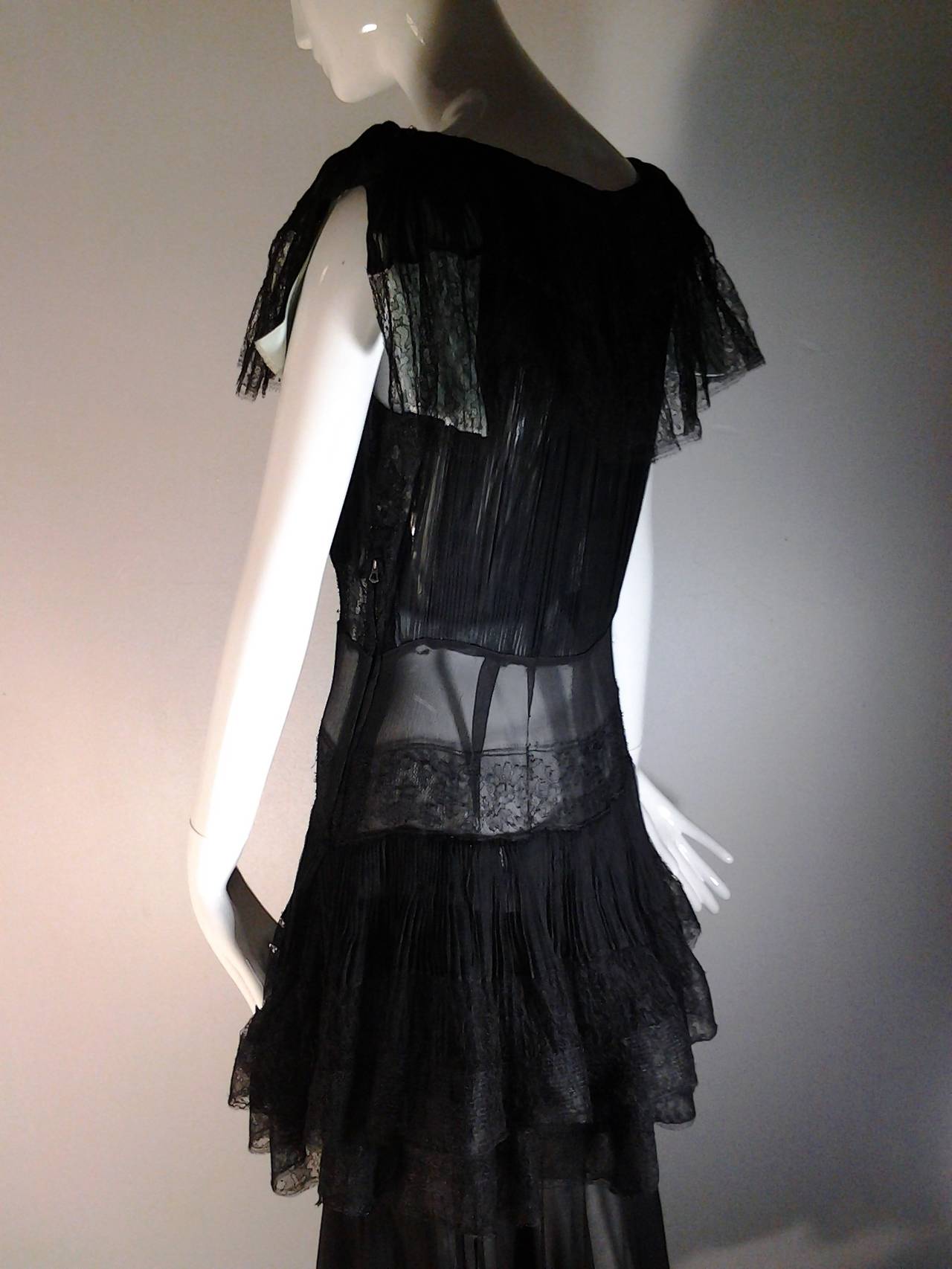 1930s Couture Bias-Cut Midnight Lace, Silk Chiffon Gown w/ Peplum 2