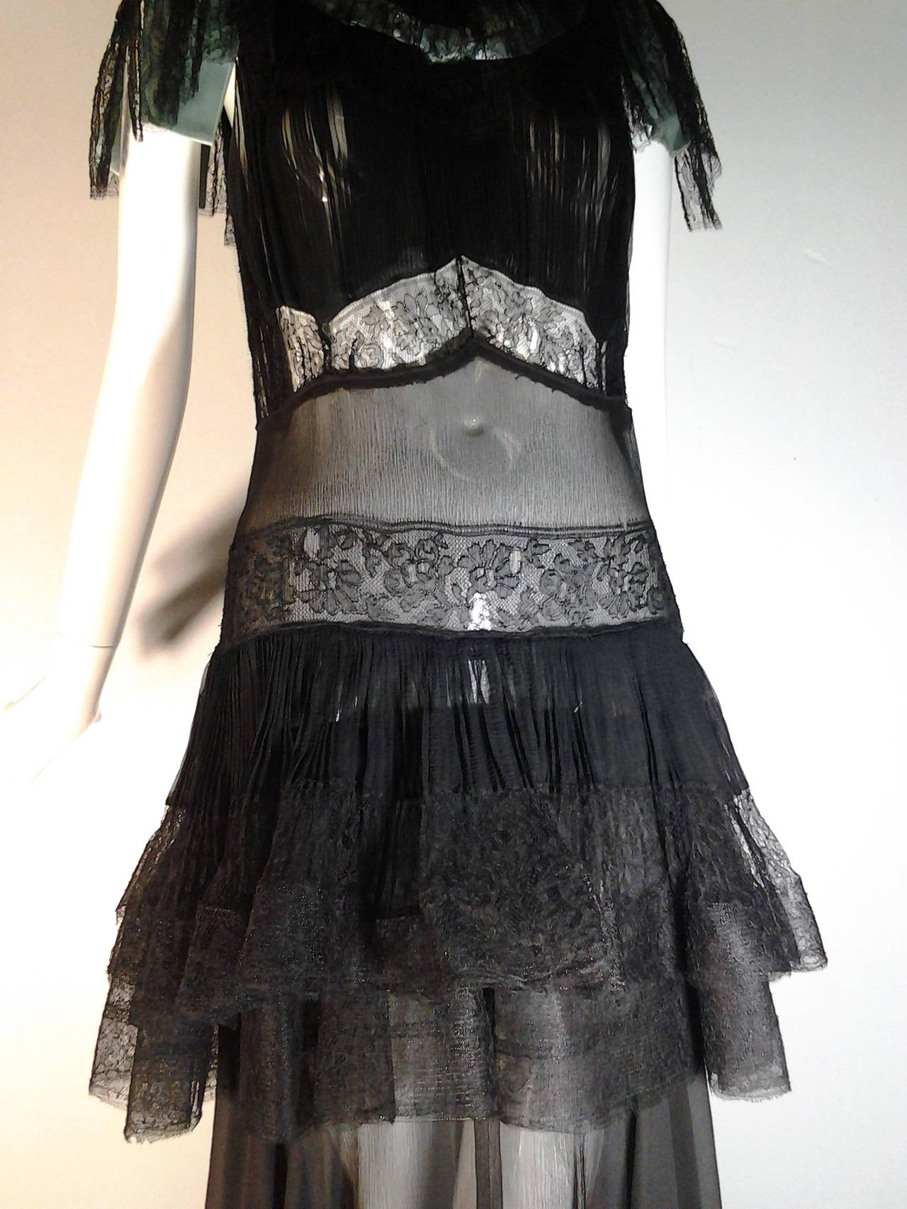 Women's 1930s Couture Bias-Cut Midnight Lace, Silk Chiffon Gown w/ Peplum