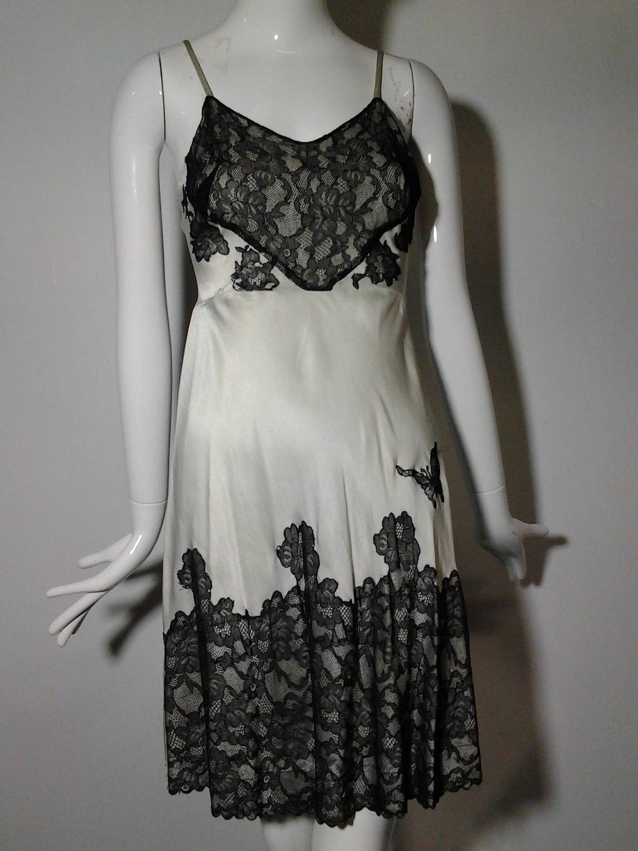 Women's 1930s Silver Silk Charmeuse Slip with Black Lace Applique Trim