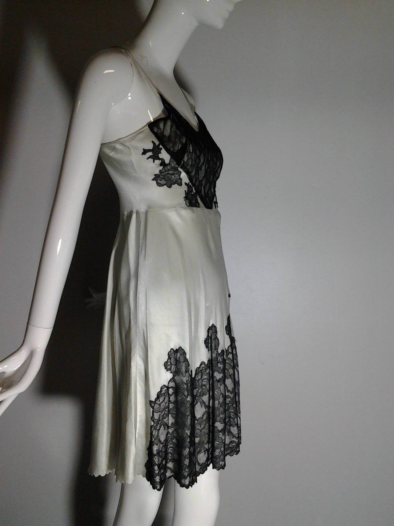 1930s Silver Silk Charmeuse Slip with Black Lace Applique Trim