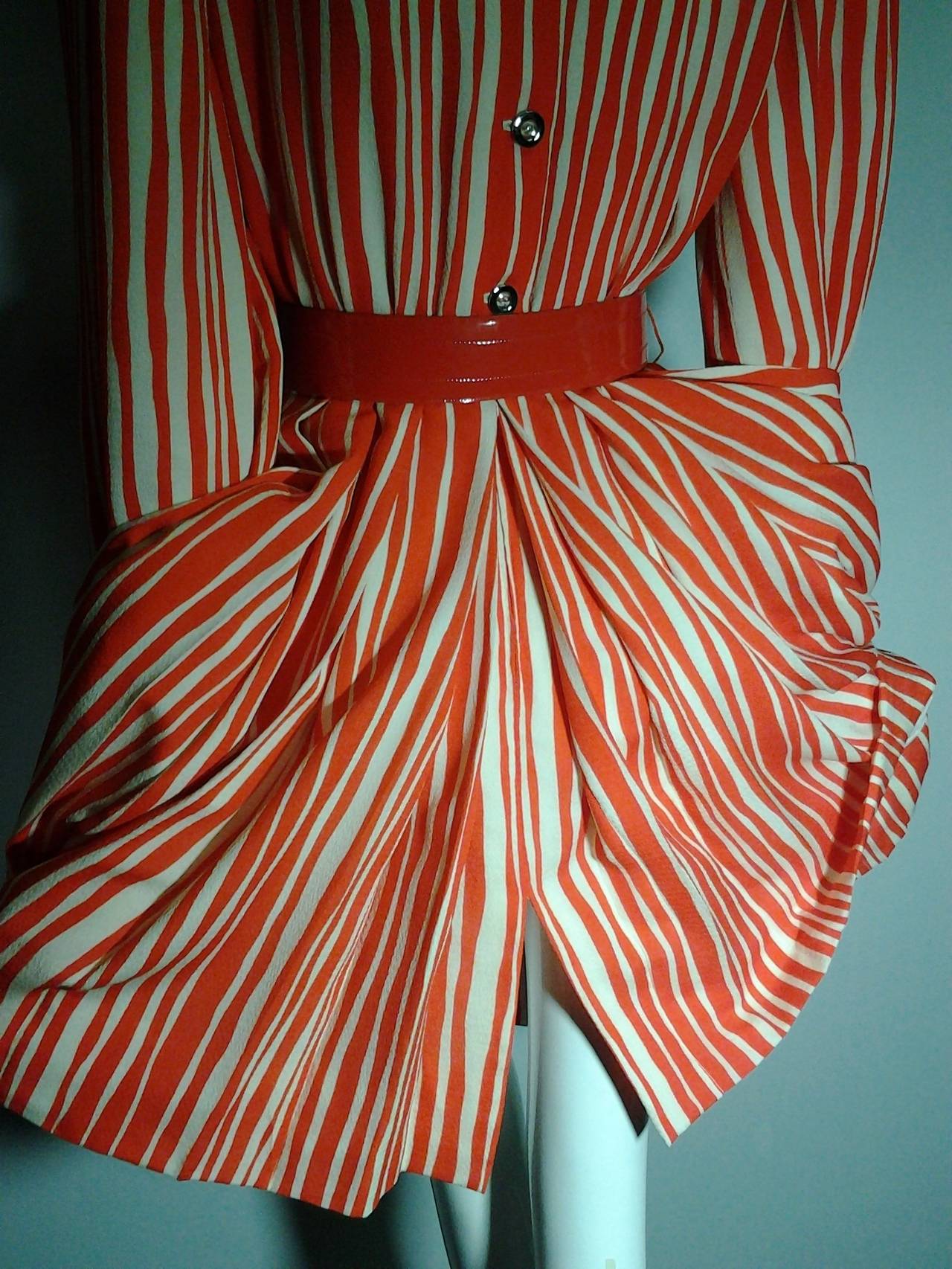 1980s James Galanos Orange Chalk Stripe Plunging V-Neck Wrap Dress 1
