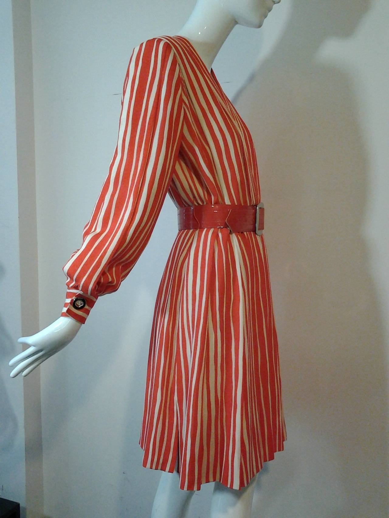 1980s James Galanos Orange Chalk Stripe Plunging V-Neck Wrap Dress In Excellent Condition In Gresham, OR
