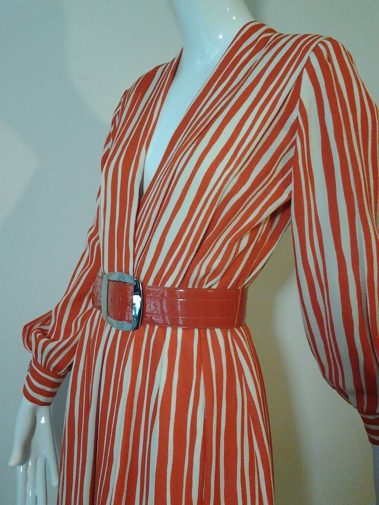 Brown 1980s James Galanos Orange Chalk Stripe Plunging V-Neck Wrap Dress