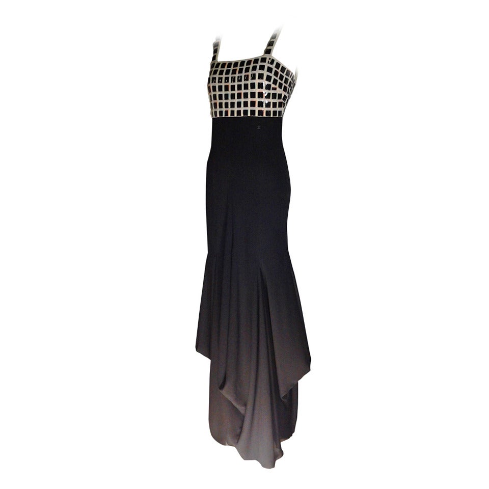 Chanel Evening Dress with Mylar Tiled Bodice and Draped Hem For Sale