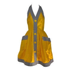Vintage 1980s Bill Blass Yellow Silk Halter Pouf Dress with Checkered Trim
