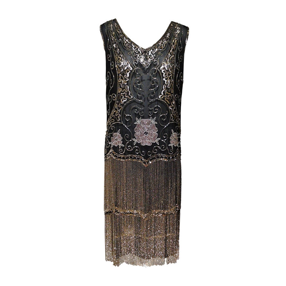 1920s Quintessential Art Deco Glass Beaded Fringe "Flapper" Dress