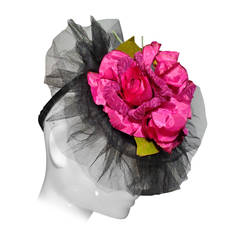 1940s Straw Tilt Hat w/ Silk Tulle and Fuchsia Roses