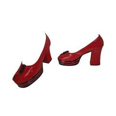 Retro 1970s Red Leather Peep-Toe Stacked-Platforms