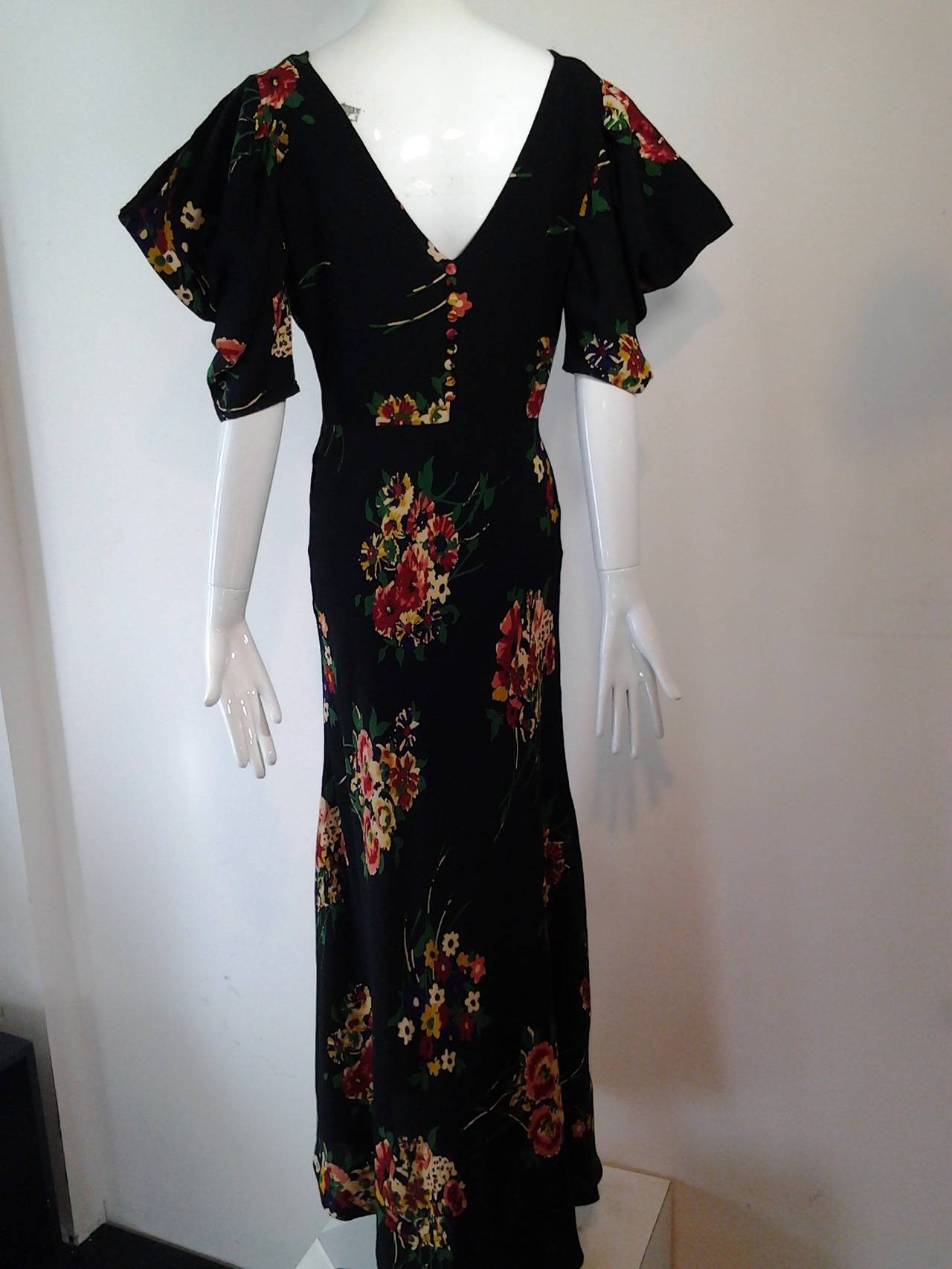 1930s Bias-Cut Rayon Print Gown with Lovely Peek-a-Boo Shoulders In Excellent Condition In Gresham, OR