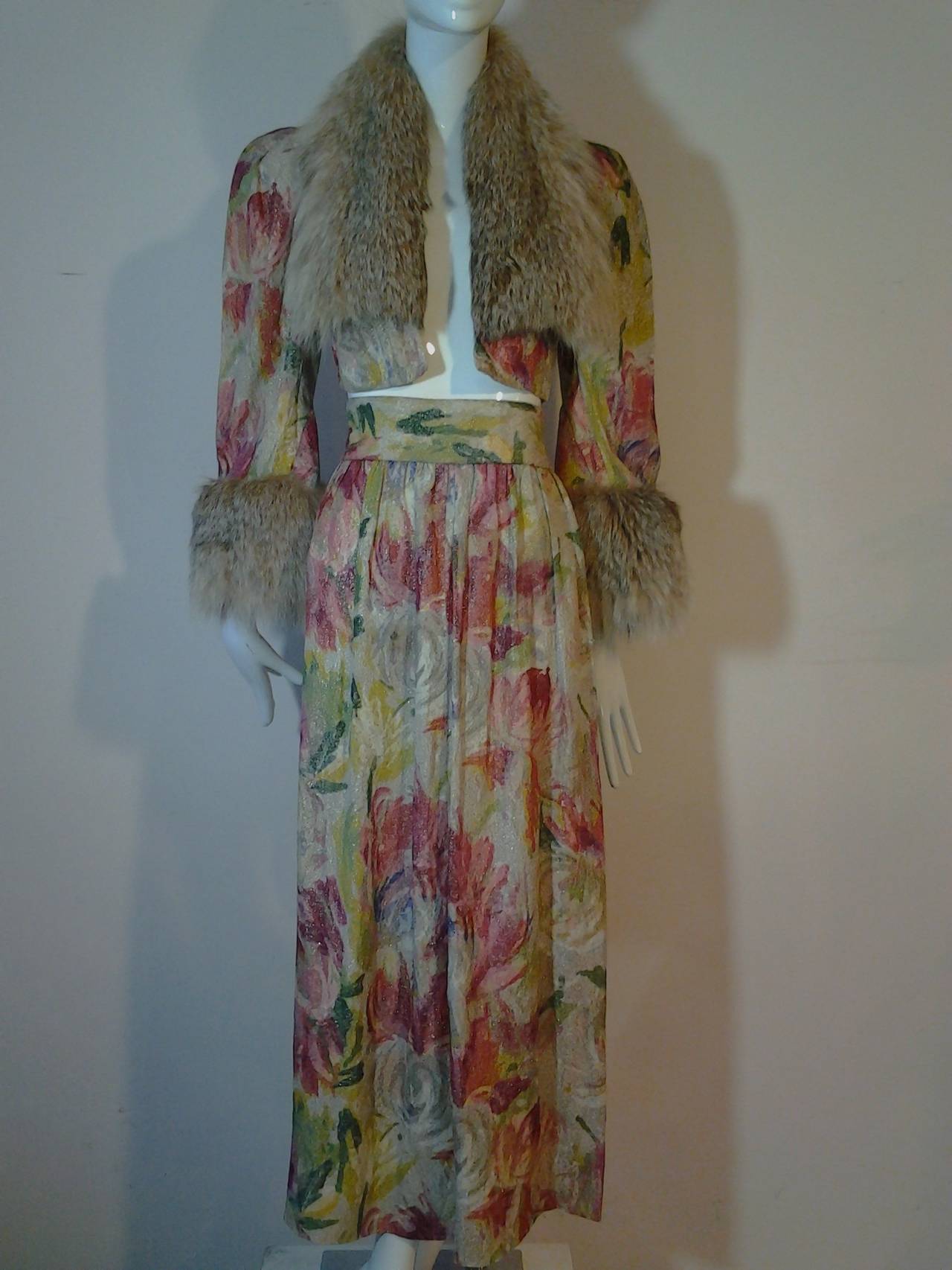 1930s Silk Lame Floral Print Skirt and Jacket Ensemble w/ Lynx Fur Trim