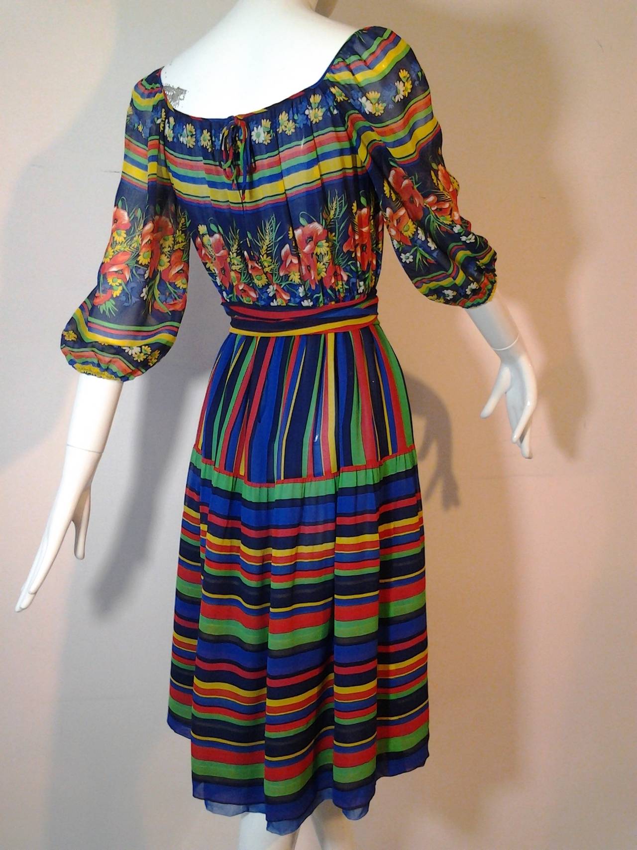 1970s Silk Chiffon Floral and Striped Peasant Dress In Excellent Condition In Gresham, OR