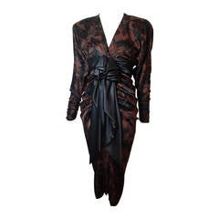 1980s James Galanos Black and Espresso Floral Print Ruched Cocktail Dress