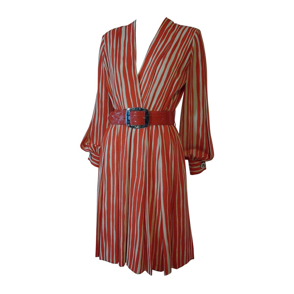 1980s James Galanos Orange Chalk Stripe Plunging V-Neck Wrap Dress