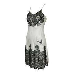 Vintage 1930s Silver Silk Charmeuse Slip with Black Lace Applique Trim