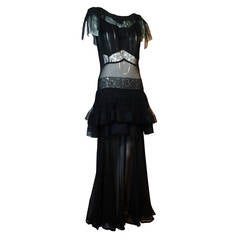 Vintage 1930s Couture Bias-Cut Midnight Lace, Silk Chiffon Gown w/ Peplum