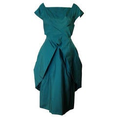 Vintage 1950s Suzy Perette Emerald Silk Taffeta Cocktail Dress w/ Peplum