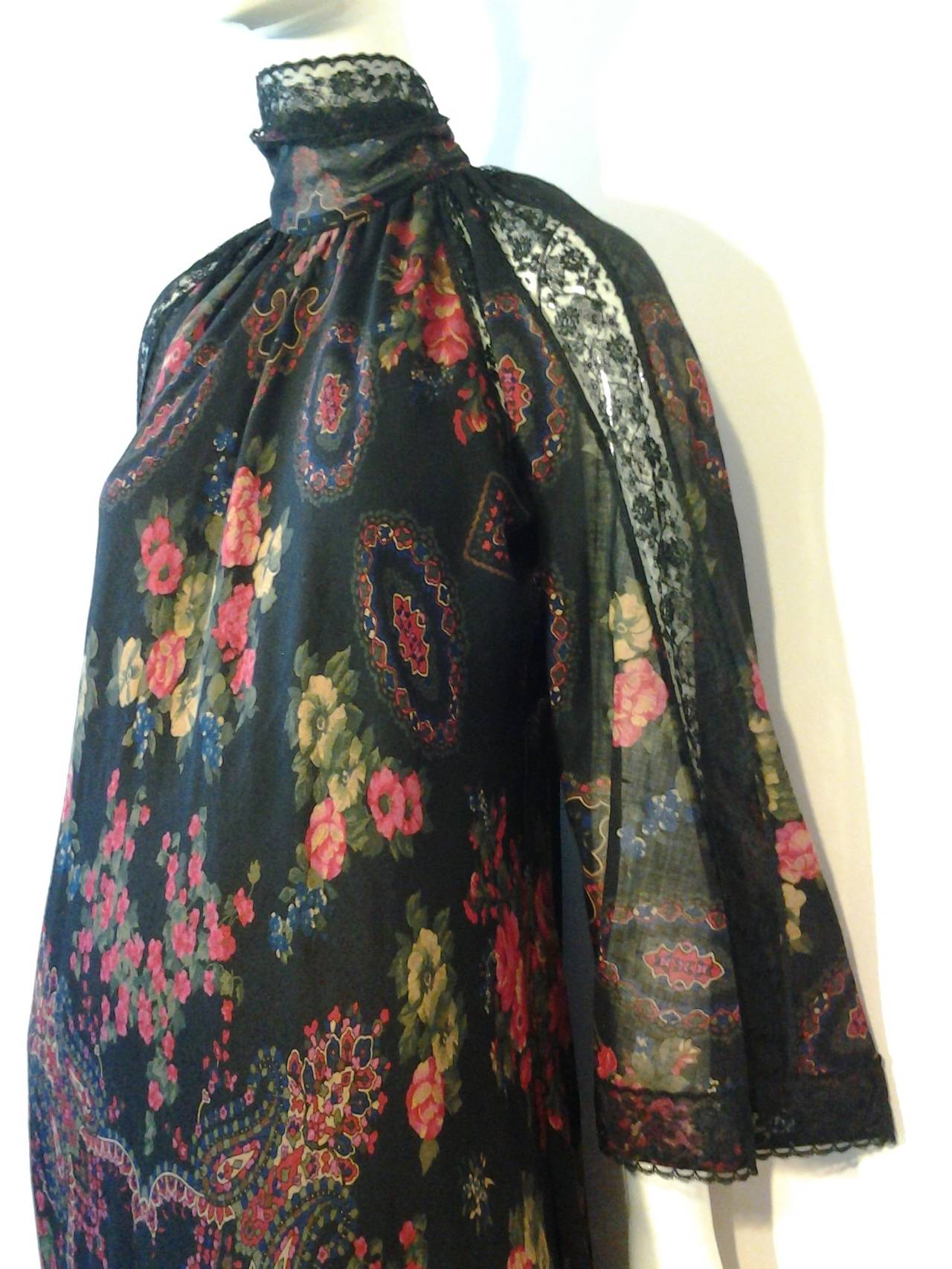 1970s Pauline Trigere Wool Challis Bias-Cut Print Dress w/ Lace Insets 1