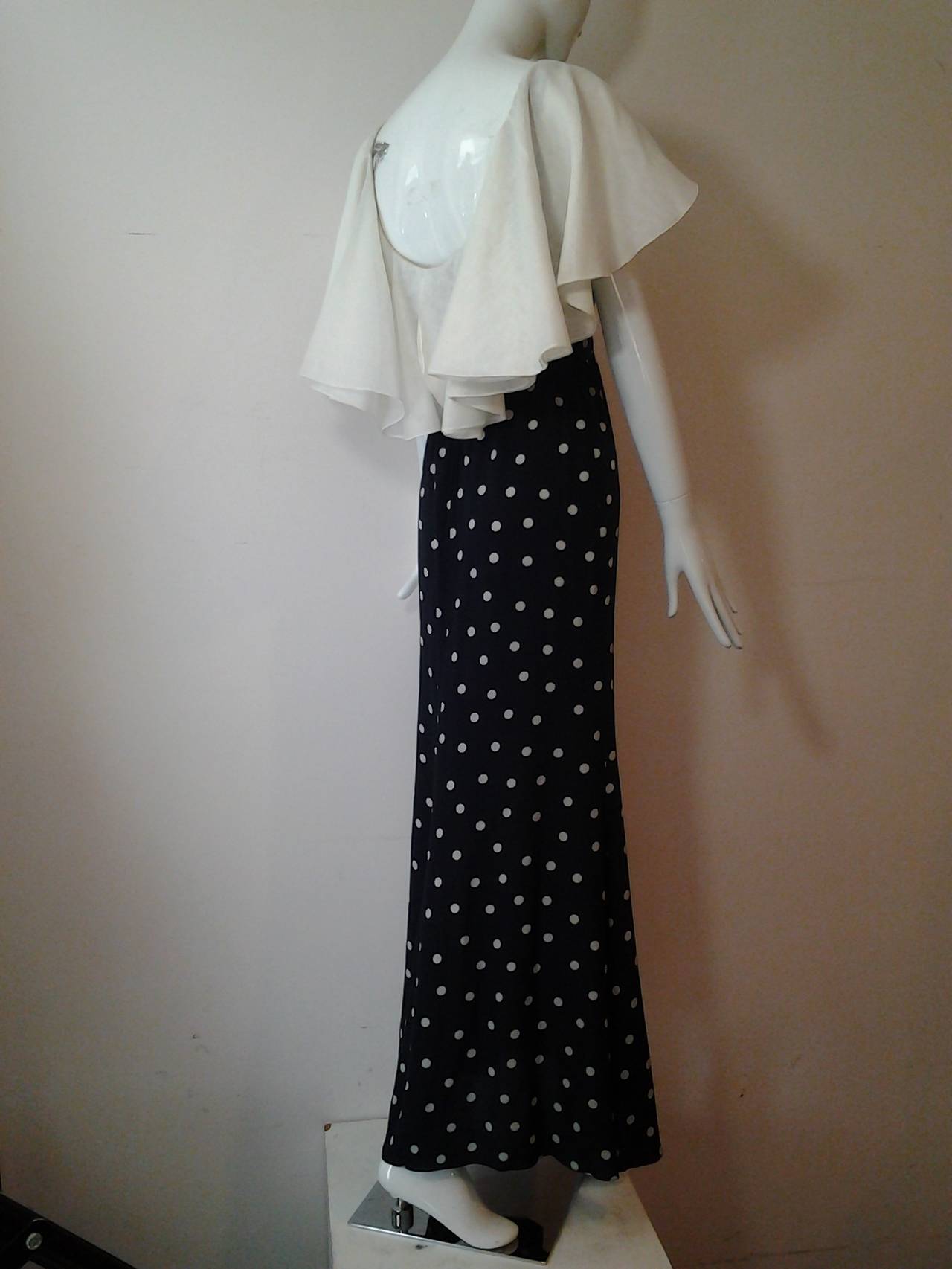 1970s Oscar de la Renta black and cream silk polkadot gown.  1930s inspired silhouette. Low back.