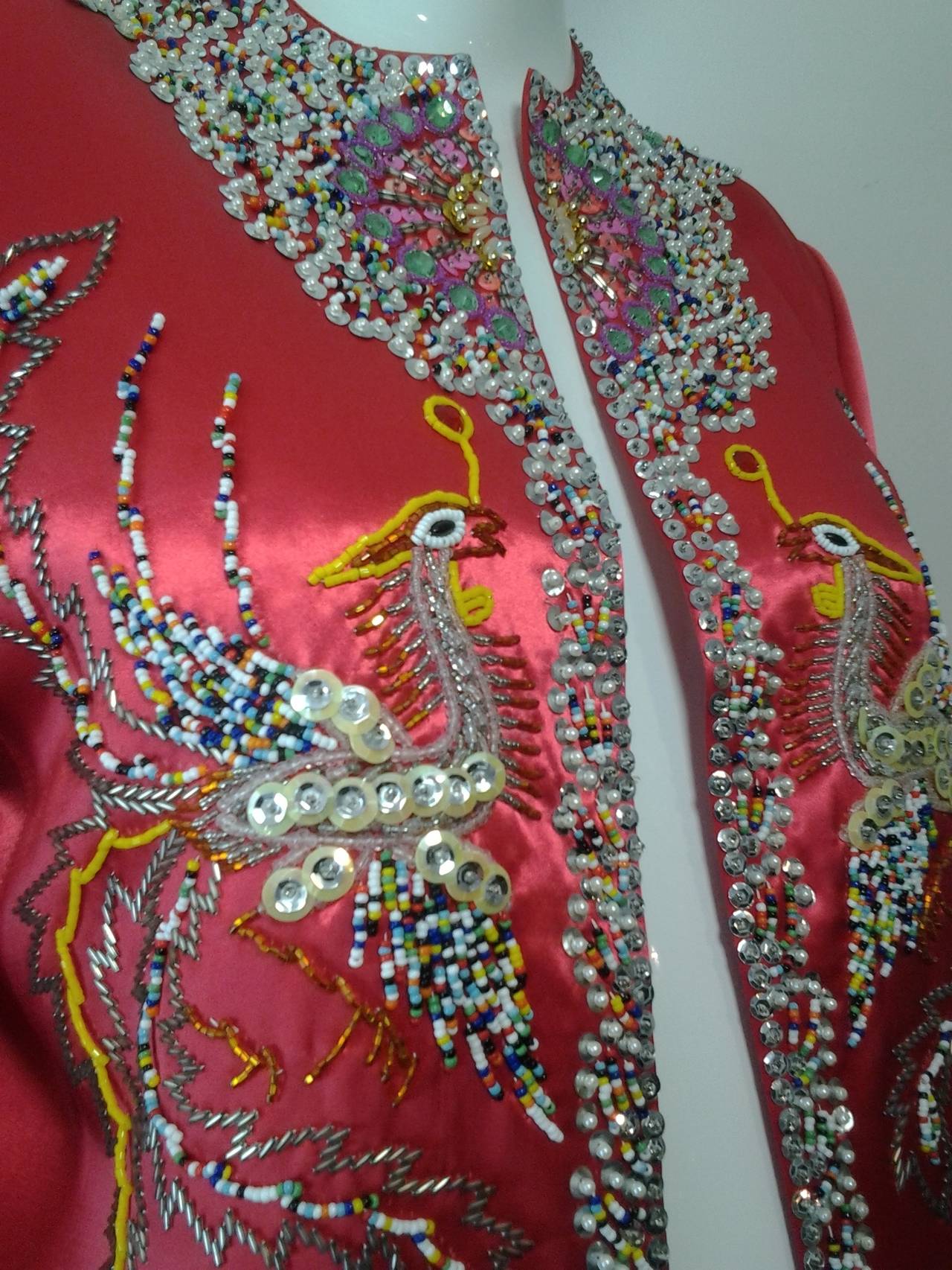 Red 1960s Hong Kong Beaded and Sequined Phoenix Bird Silk Satin Jacket