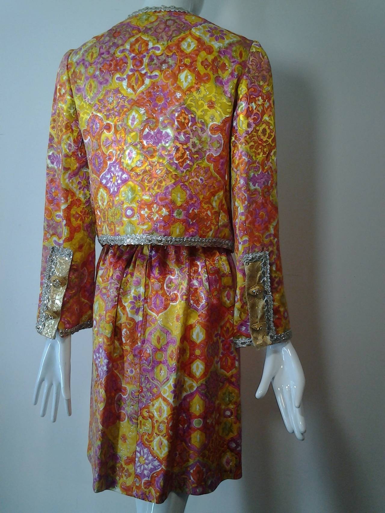 Brown 1960s Fern Violette Lame Floral Brocade Cocktail Suit w/ Metallic Trim