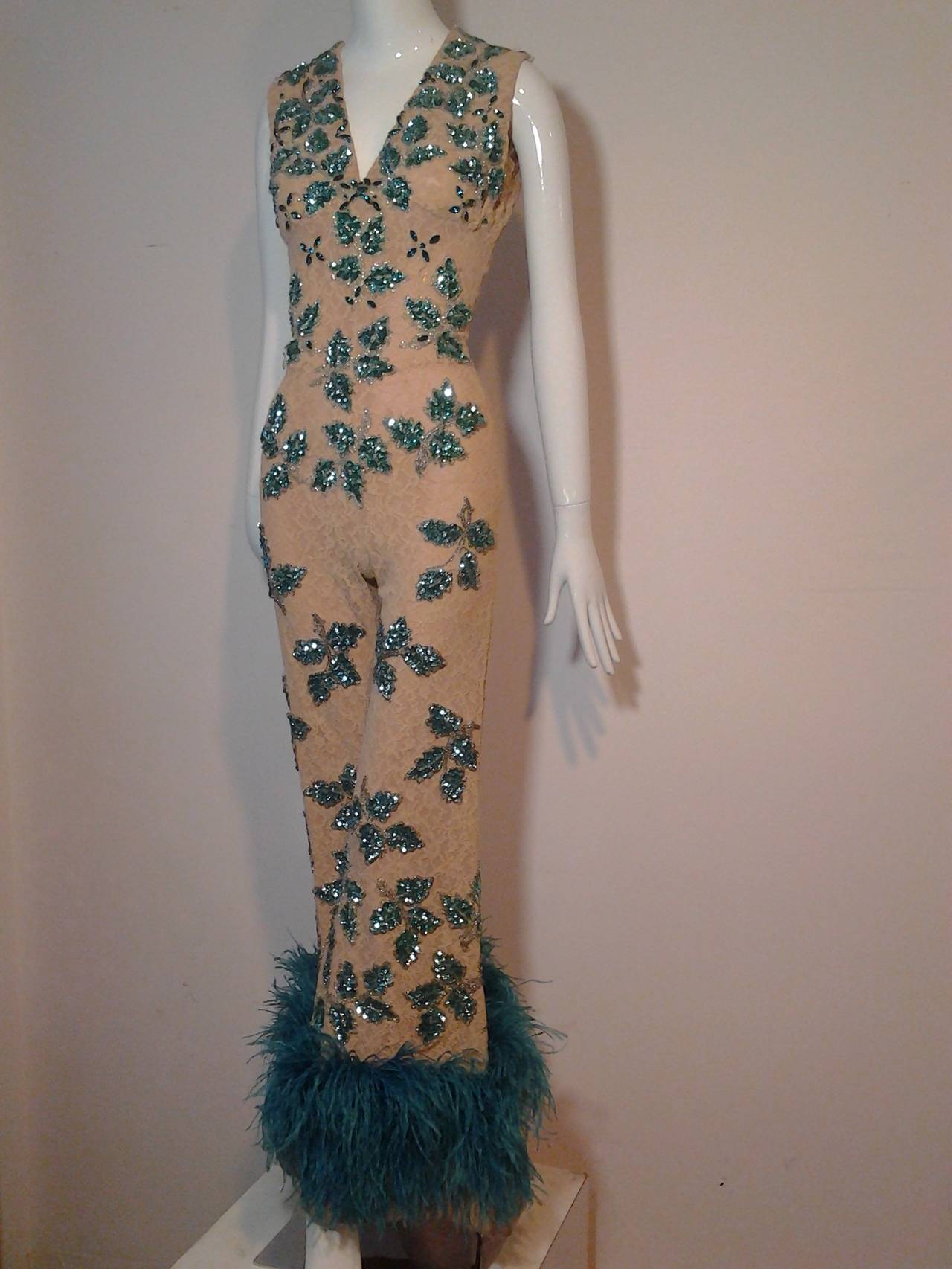 1960s Nude Lace Jumpsuit w/ Sequined Leaf Appliques and Feather Hem 1