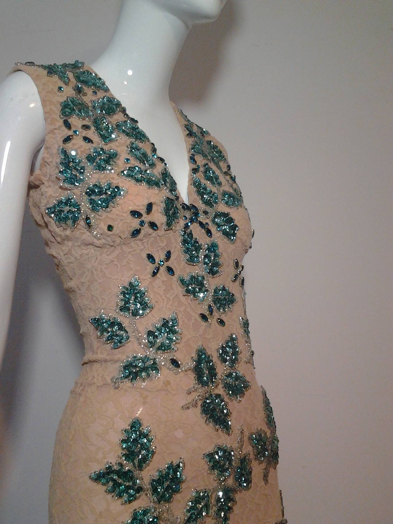 1960s Nude Lace Jumpsuit w/ Sequined Leaf Appliques and Feather Hem 2