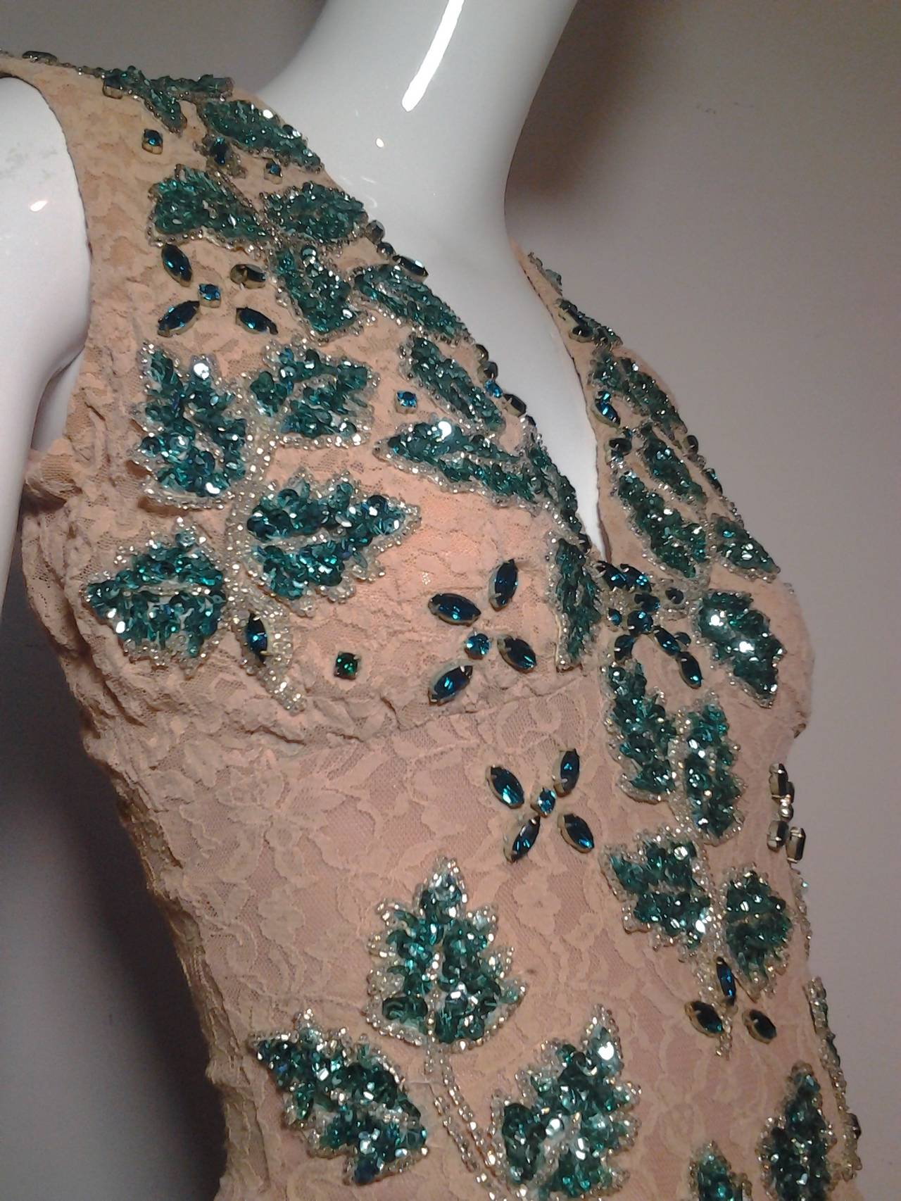 1960s Nude Lace Jumpsuit w/ Sequined Leaf Appliques and Feather Hem In Good Condition In Gresham, OR