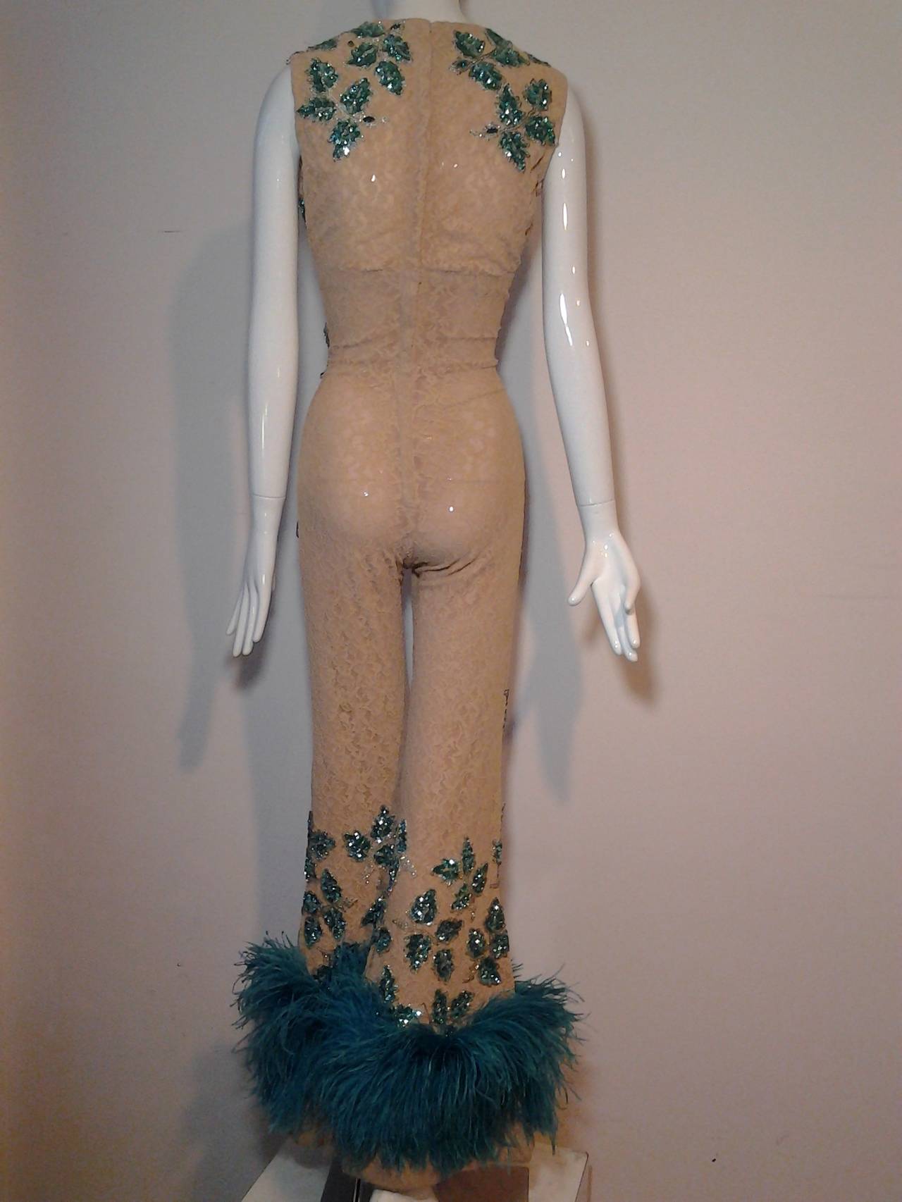 Women's 1960s Nude Lace Jumpsuit w/ Sequined Leaf Appliques and Feather Hem