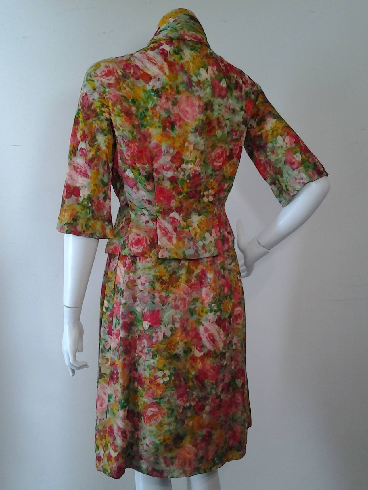 1950s Silk Impressionist Floral Print Chiffon Suit In Excellent Condition In Gresham, OR