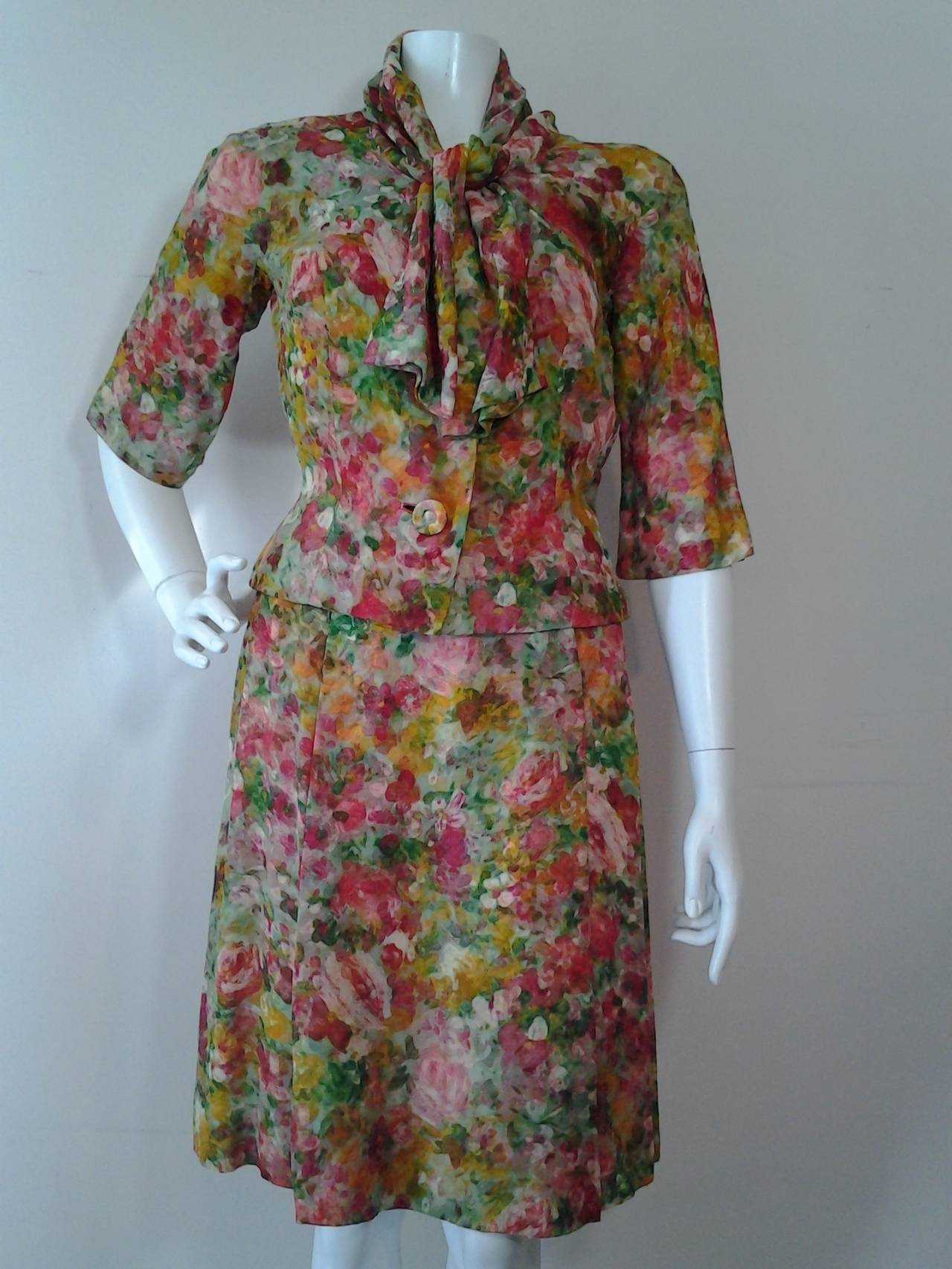 Brown 1950s Silk Impressionist Floral Print Chiffon Suit