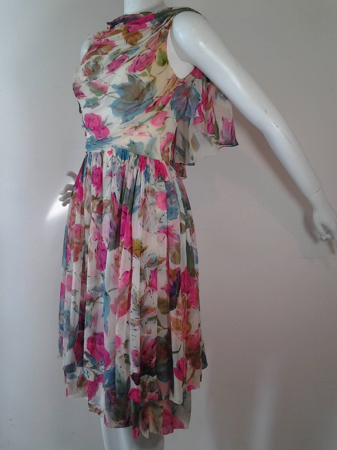 1950s Silk Chiffon Floral Print Cocktail Dress w/ Caplet For Sale at ...