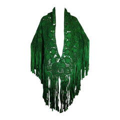 Macrame Ribbon Fringed Shawl in Vibrant Emerald Green