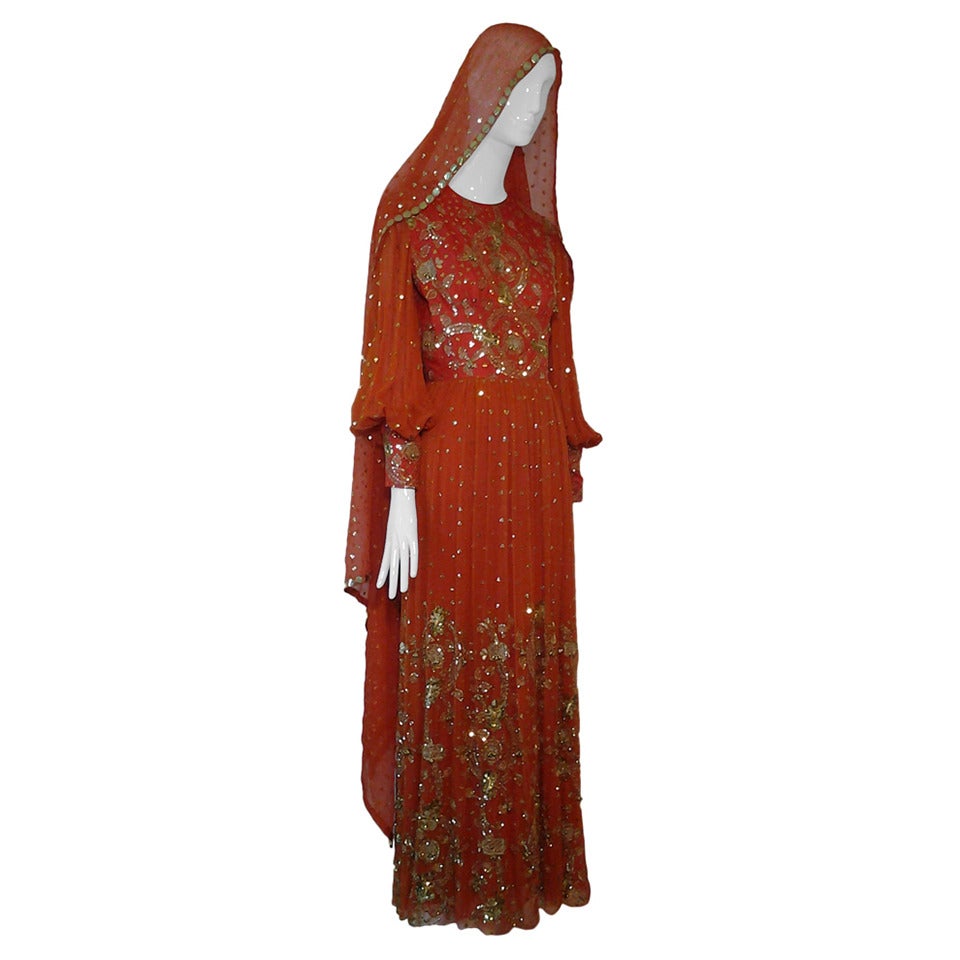 1960s SAZ Ceremonial Sari-Inspired Gown in Silk and Gold Embellishment For Sale