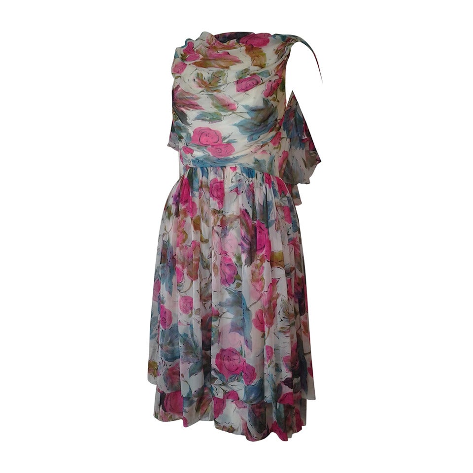 1950s Silk Chiffon Floral Print Cocktail Dress w/ Caplet